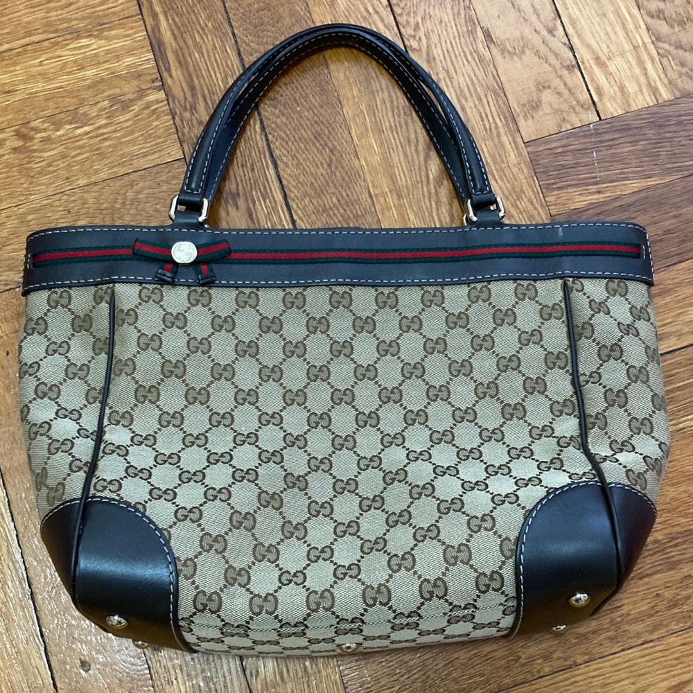 Gucci logo tote with brown leather trim